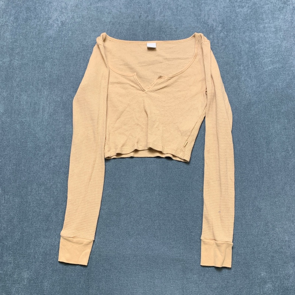 Tna Cropped Top Womens Small Beige Cotton Textured Ribbed Long Sleeve Split Neck